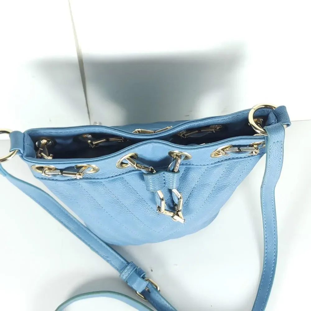 Free People Blue Faux Leather Gold Chain Drawstring Mini Bucket Bag Crossbody